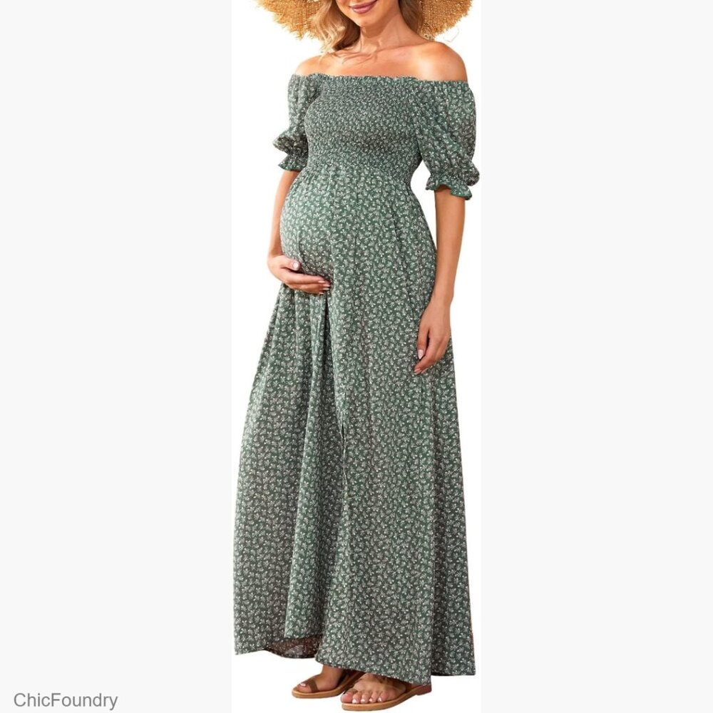 Maternity Maxi Dress Square Neck Puff Sleeve Smocked Boho Floral